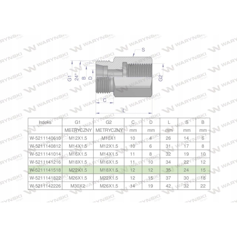 Metric differential sleeve m22x1 5 15lxm18x1 5 2x