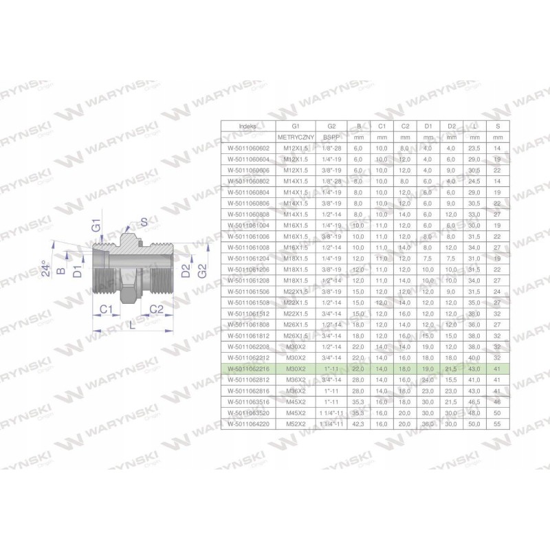 Hydraulic connection bb xge m30x2 22l x 1