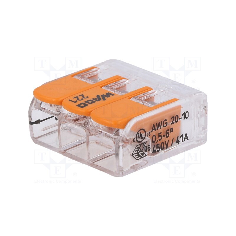 1 pcs x WAGO - 221-613 - Quick splice, 221, spring clamp, 0.5÷6mm2, 450V, 41A, for cable