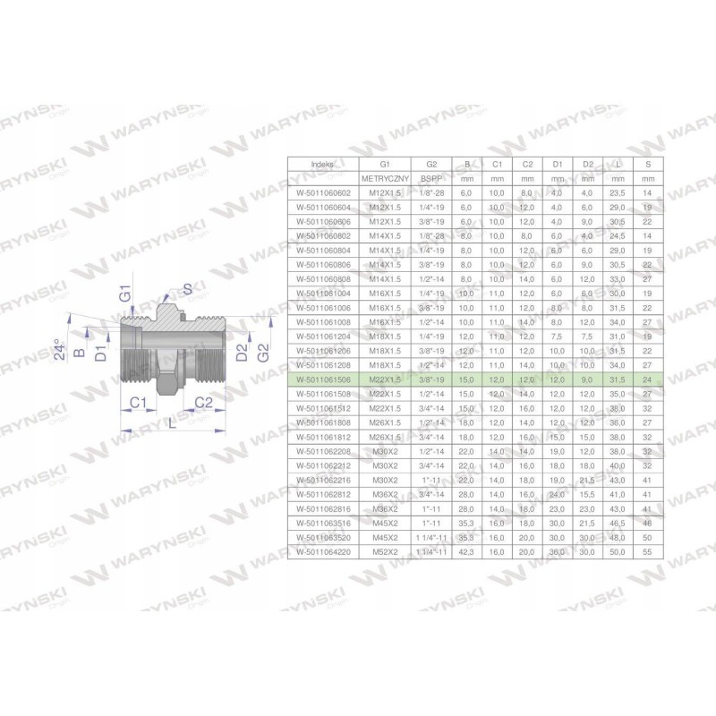 Hydraulic connection bb xge m22x1 5 15l x 3 8