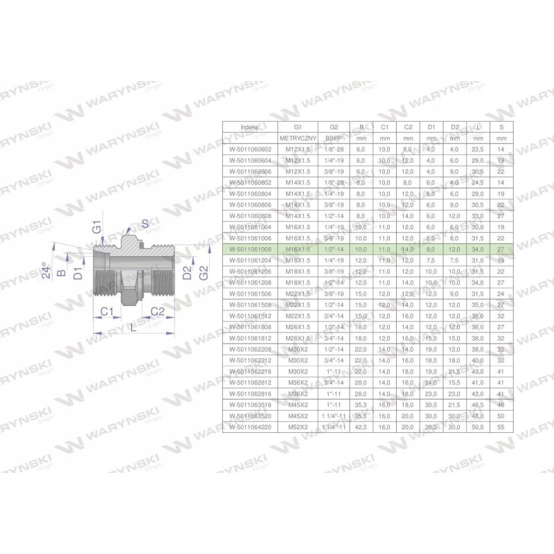 Hydraulic connection bb xge m16x1 5 10l x 1 2