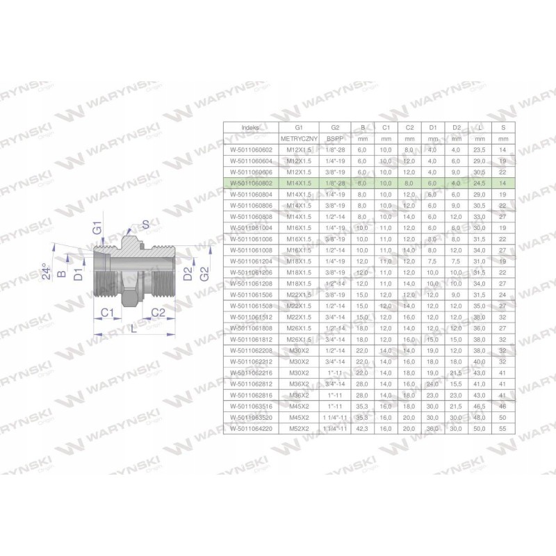 Hydraulic connection bb xge m14x1 5 08l x 1 8