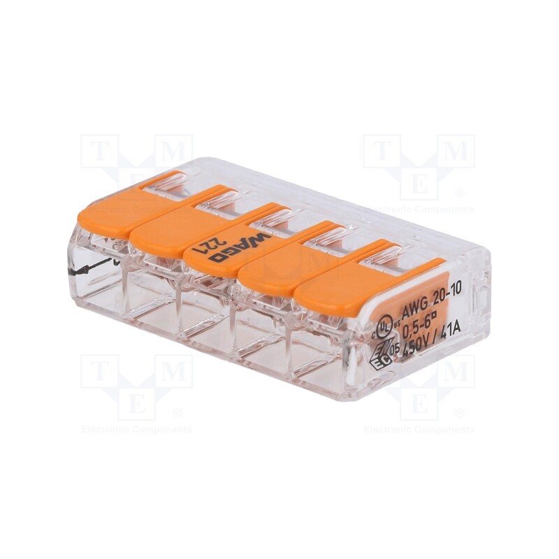 1 pcs x WAGO - 221-615 - Quick splice, 221, spring clamp, 0.5÷6mm2, 450V, 41A, for cable