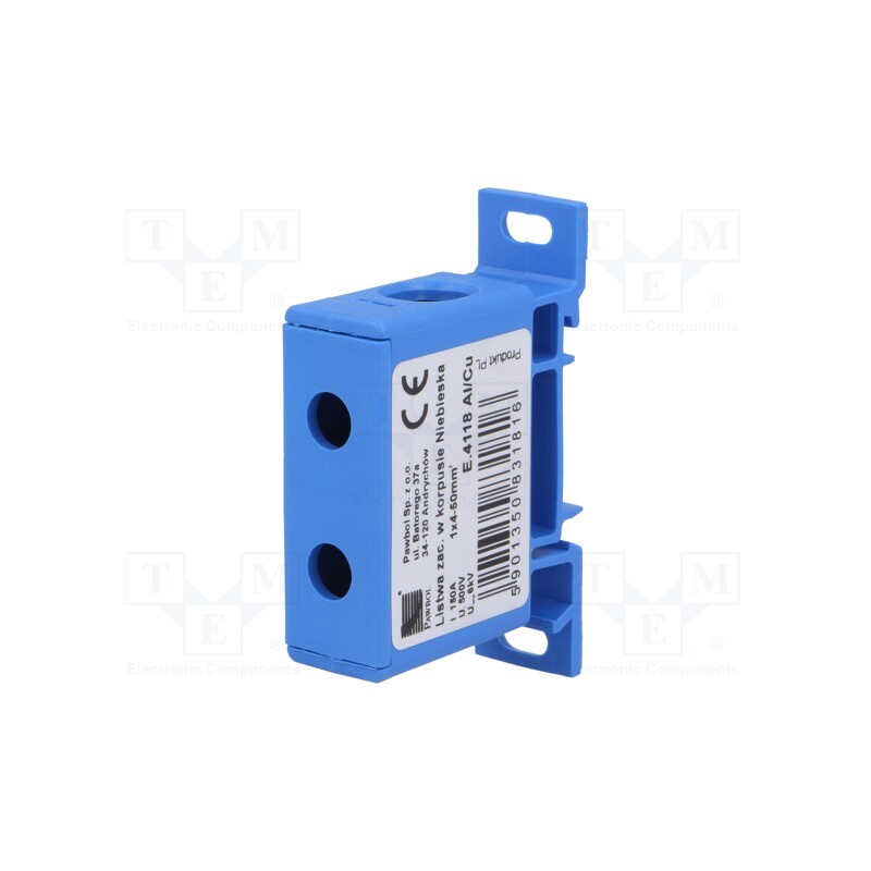 1 pcs x PAWBOL - E.4118/CU - Splice terminal: rail, 50mm2, ways: 1, terminals: 2, blue, TS35, 600V