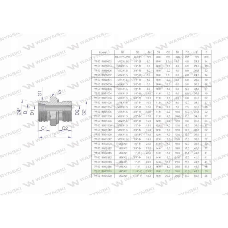 Hydraulic connection bb xge m45x2 35l x 1 1 4
