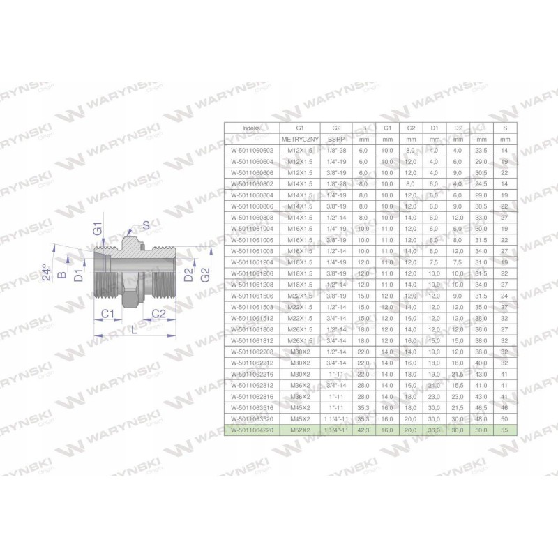 Hydraulic connection bb xge m52x2 42l x 1 1 4