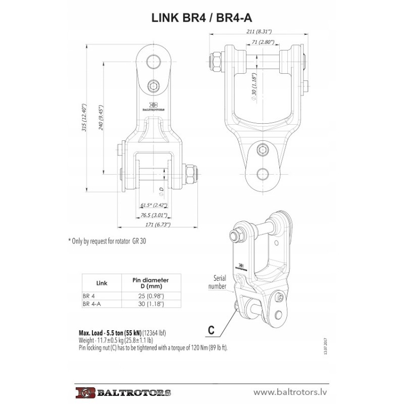 Baltrotors Br4 rotator connector 30 mm, 25 mm pin