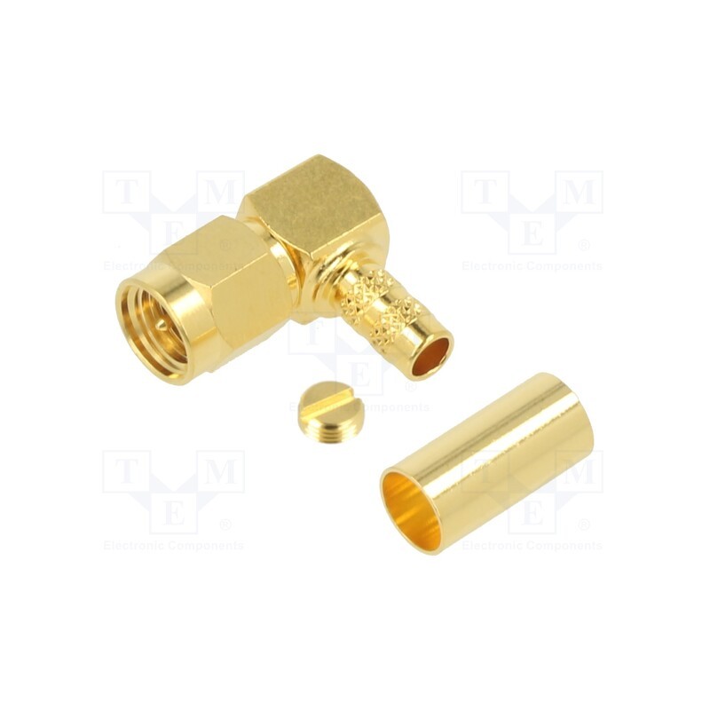 1 pcs x AMPHENOL RF - 132194 - Plug, SMA, male, angled 90°, 50Ω, soldering,crimped, for cable