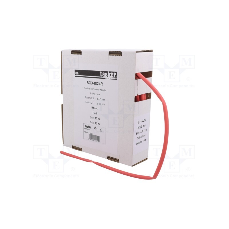 1 pcs x TASKER - BOX 4824 R - Heat shrink sleeve, glueless, 2: 1, 4.8mm, L: 10m, red, polyolefine
