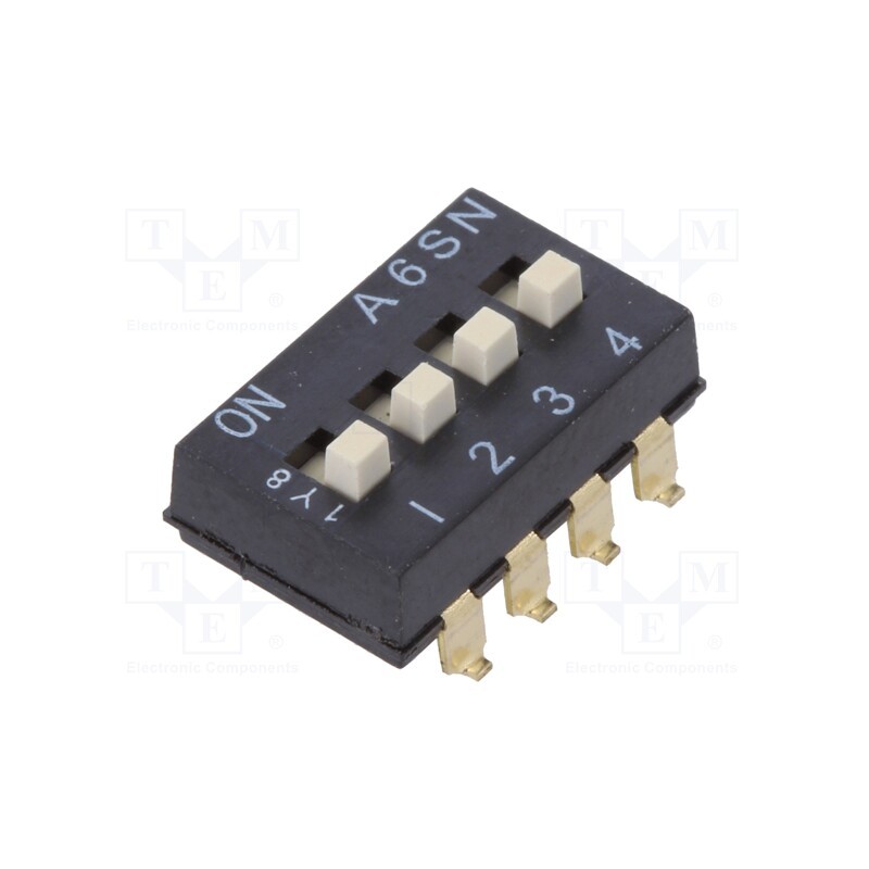 1 pcs x OMRON OCB - A6SN4104 - Switch: DIP-SWITCH, Poles number: 4, ON-OFF, 0.025A/24VDC, Pos: 2
