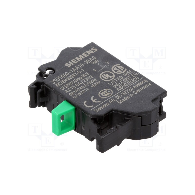 1 pcs x SIEMENS - 3SU1400-1AA10-3BA0 - Contact block, 22mm, 3SU1.5, -25÷70°C, front fixing, Contacts: NO