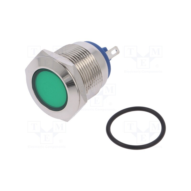1 pcs x NINIGI - IND19-12G-C - Indicator: LED, flat, green, 12VDC, 12VAC, Ø19mm, brass, Body: silver