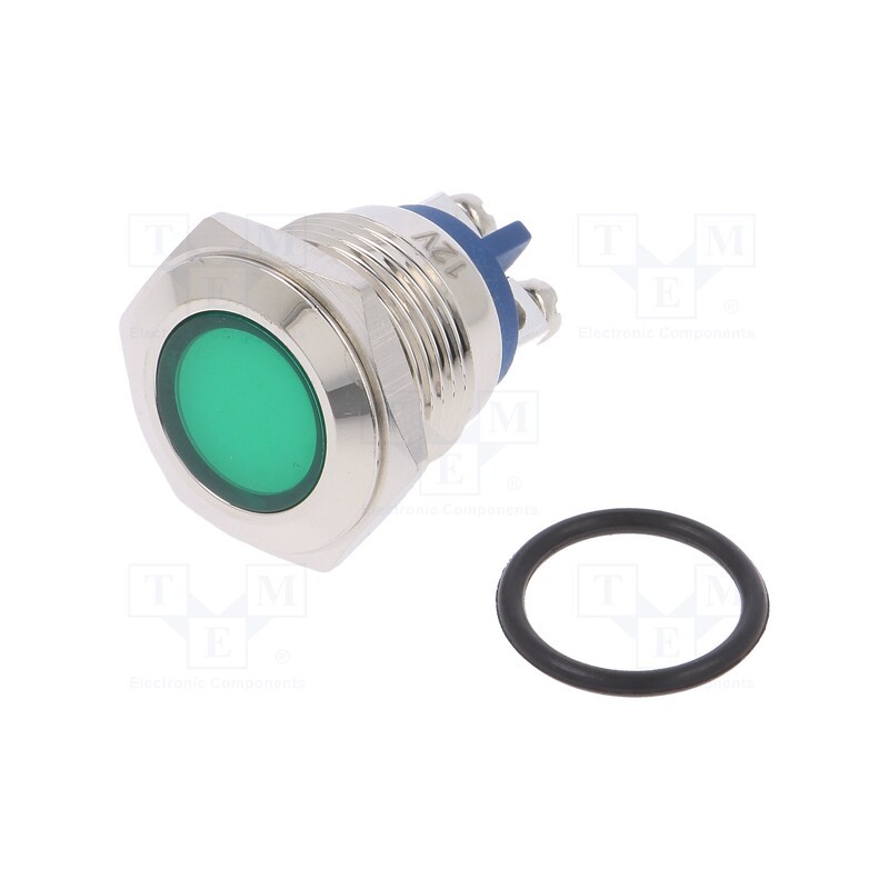 1 pcs x NINIGI - IND16-12G-S - Indicator: LED, flat, green, 12VDC, 12VAC, Ø16mm, screw, brass