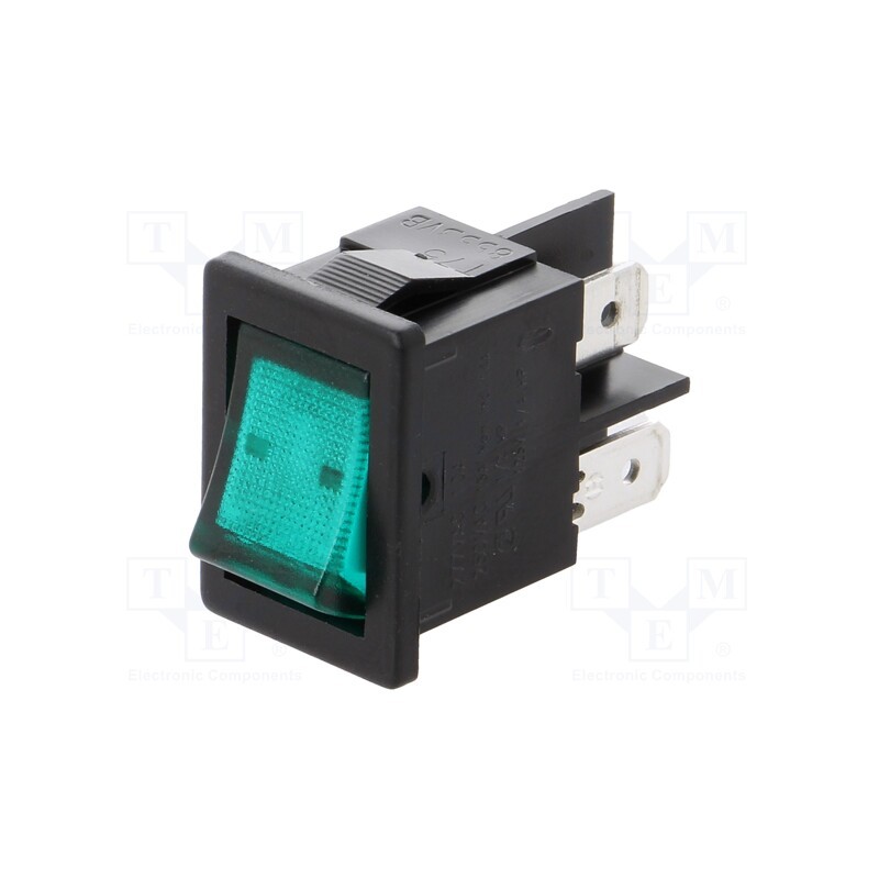 1 pcs x BULGIN - H8553VBBG3 - ROCKER, DPST, Pos: 2, ON-OFF, 10A/250VAC, green, neon lamp, 230V