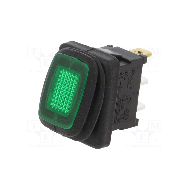 1 pcs x SWITCH COMPONENTS - RF3-1A-DC-2-GL - ROCKER, SPST, Pos: 2, ON-OFF, 16A/12VDC, green, IP65, LED, Body: black