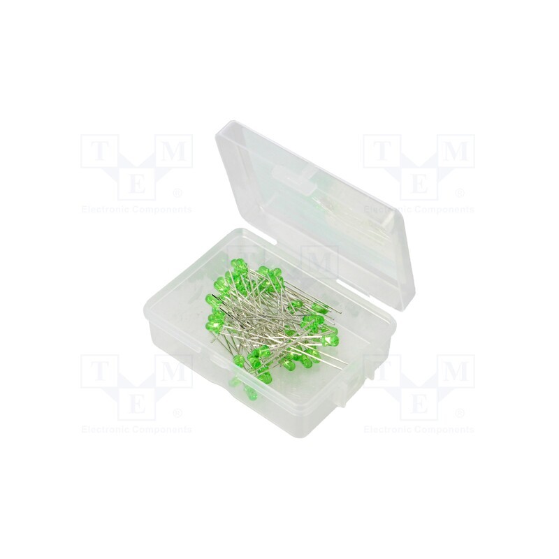 1 set x OPTOSUPPLY - OKLEDT3050G5V - Kit: LED, THT, 3mm, 50pcs, green, 3÷15V, plastic box, 7.5mA, 30°