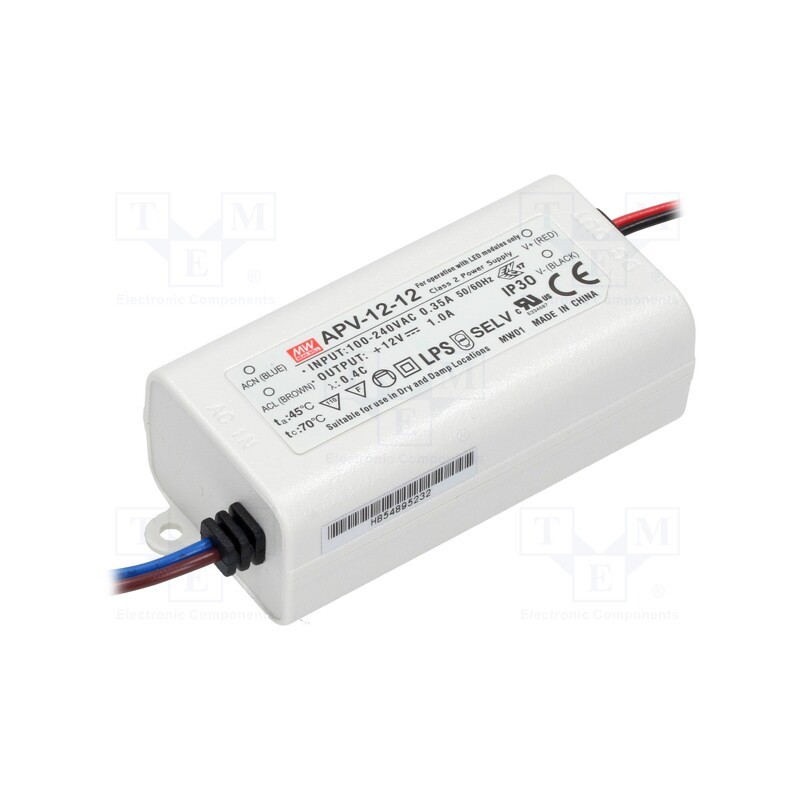 1 pcs x MEAN WELL - APV-12-12 - Power supply: switched-mode, LED, 12W, 12VDC, 1A, 90÷264VAC, IP42