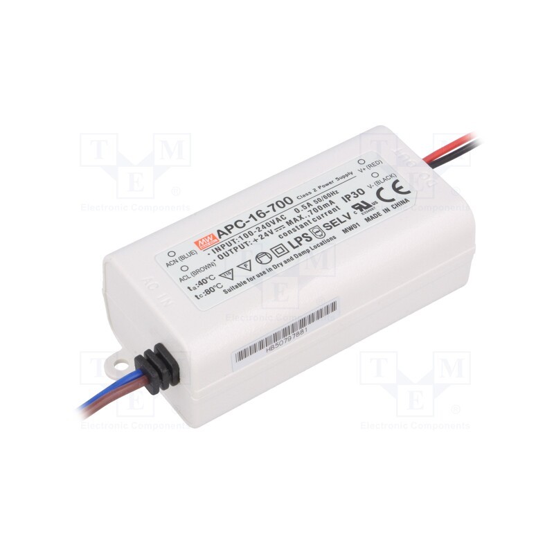 1 pcs x MEAN WELL - APC-16-700 - Power supply: switched-mode, LED, 16.8W, 9÷24VDC, 700mA, 90÷264VAC