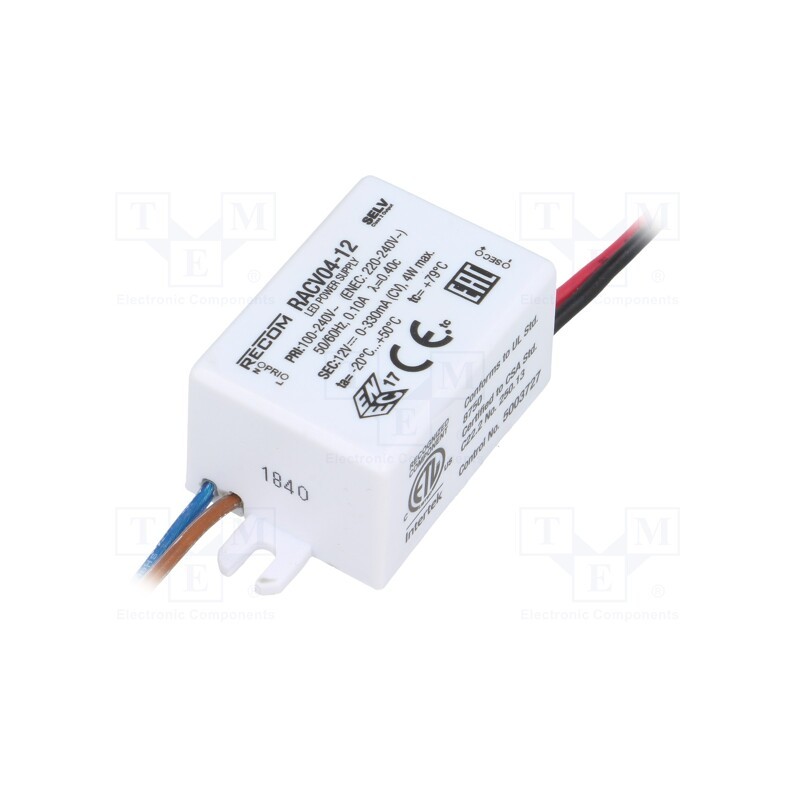 1 pcs x RECOM - RACV04-12 - Power supply: switched-mode, LED, 4W, 12VDC, 330mA, 90÷264VAC, IP65