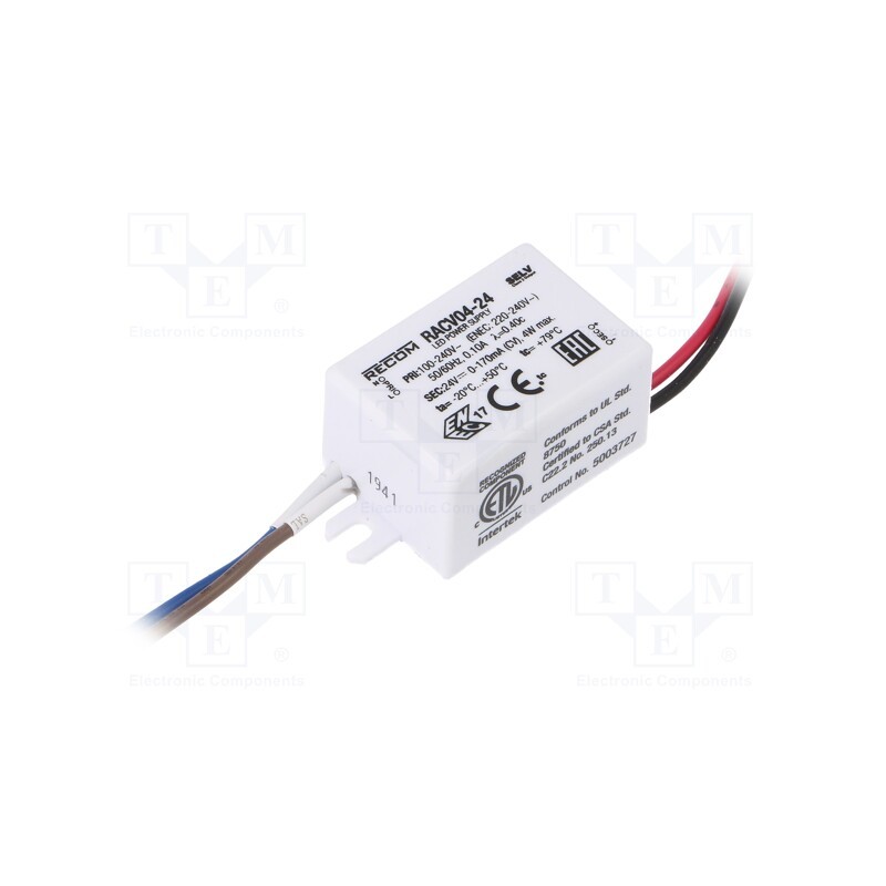 1 pcs x RECOM - RACV04-24 - Power supply: switched-mode, LED, 4W, 24VDC, 170mA, 90÷264VAC, IP65