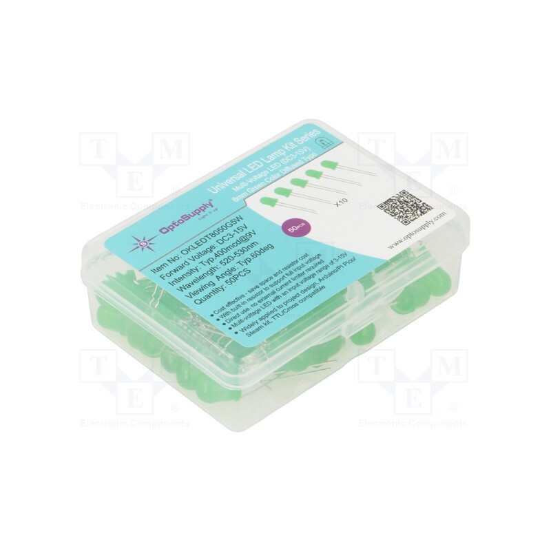 1 set x OPTOSUPPLY - OKLEDT8050G5W - Kit: LED, THT, 8mm, 50pcs, green, 3÷15V, plastic box, 7.5mA, 60°