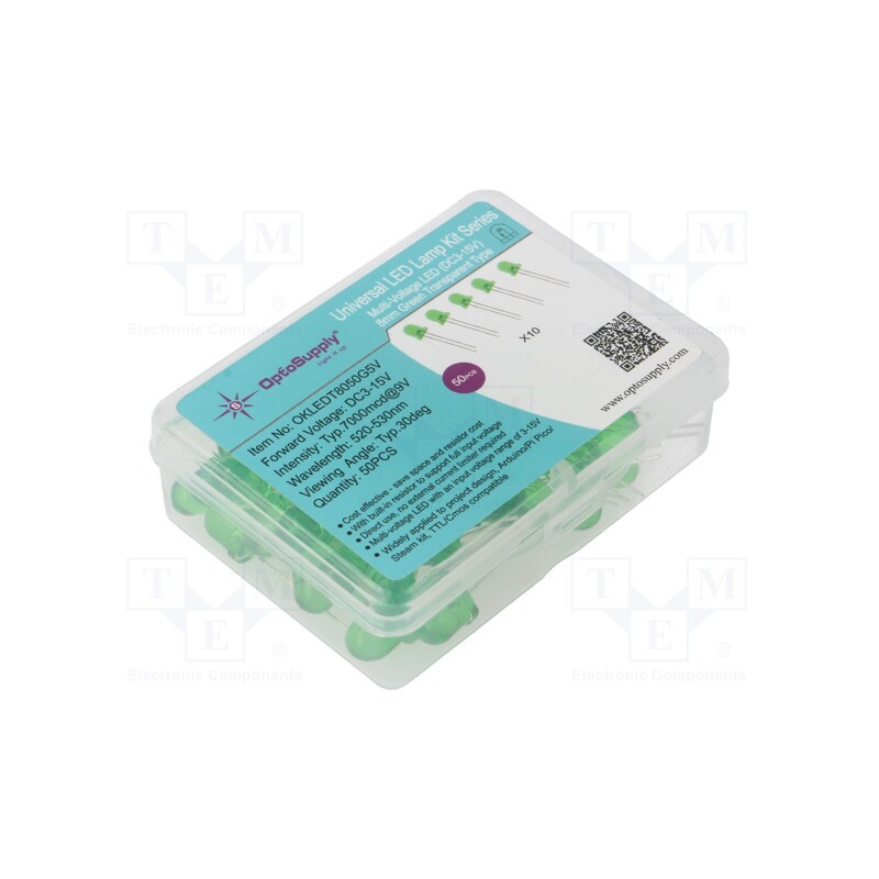1 set x OPTOSUPPLY - OKLEDT8050G5V - Kit: LED, THT, 8mm, 50pcs, green, 3÷15V, plastic box, 7.5mA, 30°