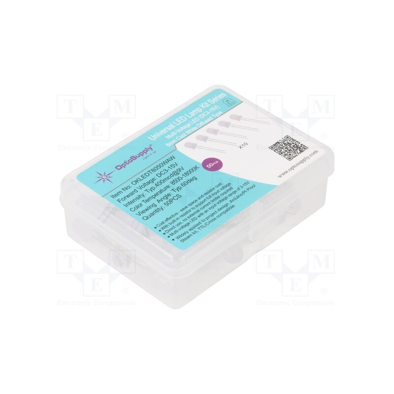 1 set x OPTOSUPPLY - OKLEDT8050WAW - Kit: LED, THT, 8mm, 50pcs, white cold, 3÷15V, plastic box, 7.5mA, 60°