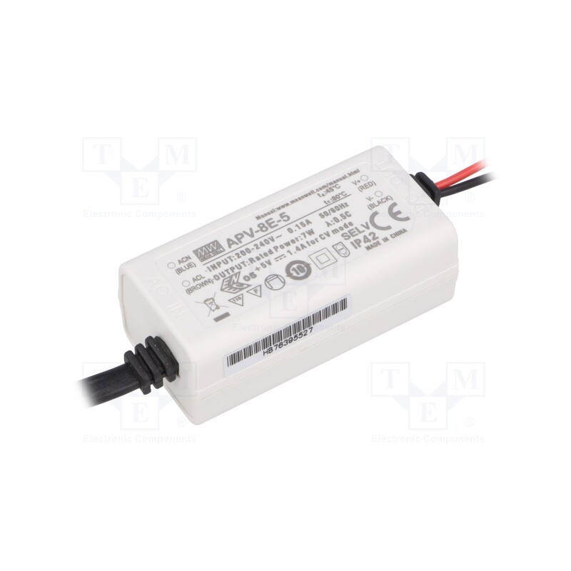 1 pcs x MEAN WELL - APV-8E-5 - Power supply: switched-mode, LED, 7W, 5VDC, 1.4A, 180÷264VAC, IP42