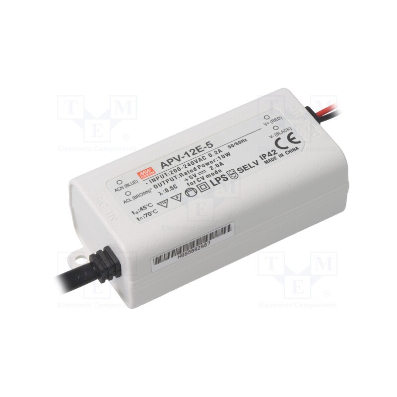 1 pcs x MEAN WELL - APV-12E-5 - Power supply: switched-mode, LED, 10W, 5VDC, 2A, 180÷264VAC, IP42