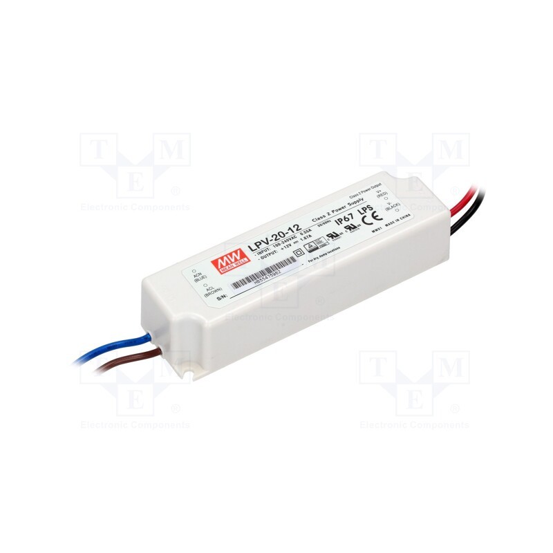 1 pcs x MEAN WELL - LPV-20-12 - Power supply: switched-mode, LED, 20W, 12VDC, 1.67A, 90÷264VAC