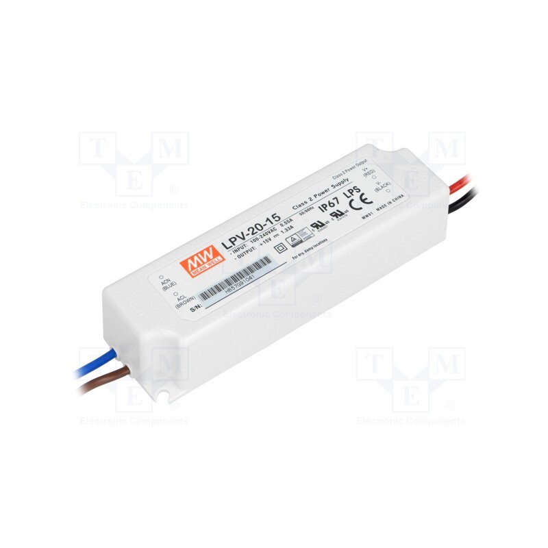 1 pcs x MEAN WELL - LPV-20-15 - Power supply: switched-mode, LED, 20W, 15VDC, 1.33A, 90÷264VAC