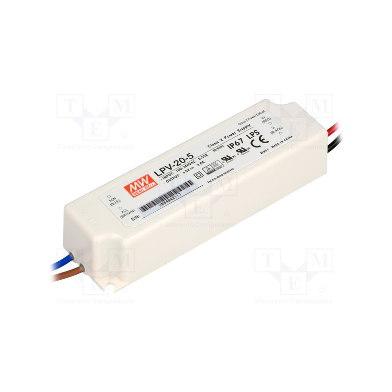 1 pcs x MEAN WELL - LPV-20-5 - Power supply: switched-mode, LED, 15W, 5VDC, 3A, 90÷264VAC, IP67