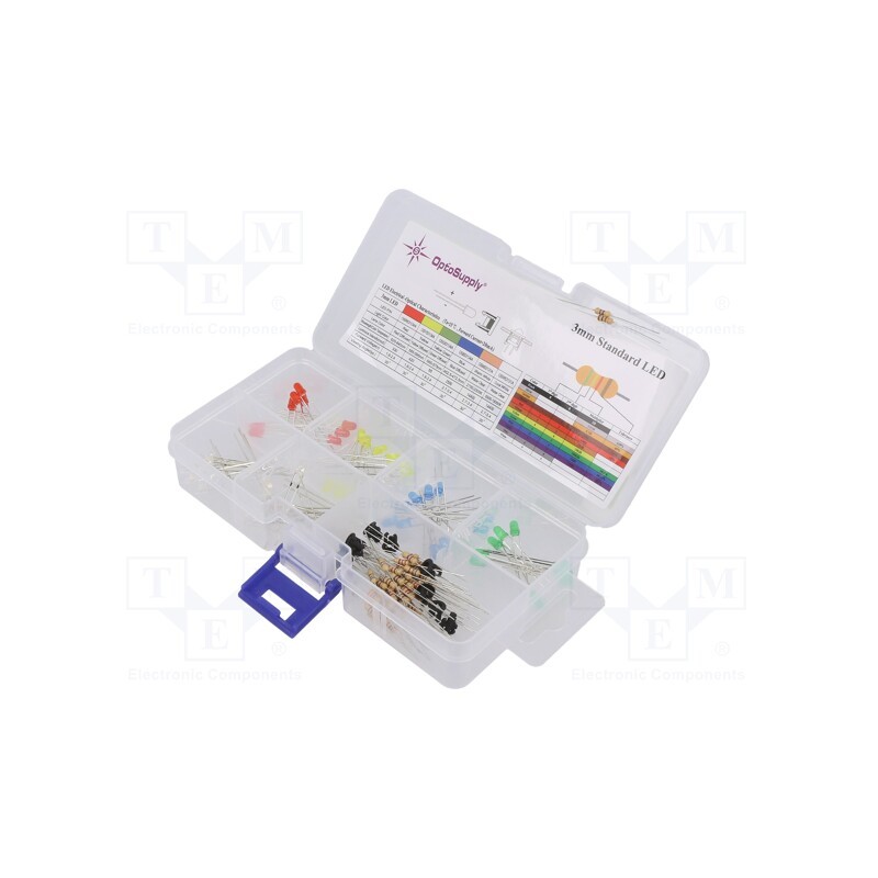 1 set x OPTOSUPPLY - OKLEDT30606A - Kit: LED, THT, 3mm, 130pcs, 1.8÷2.4/2.7÷3.4V, plastic box, 20mA, 30°