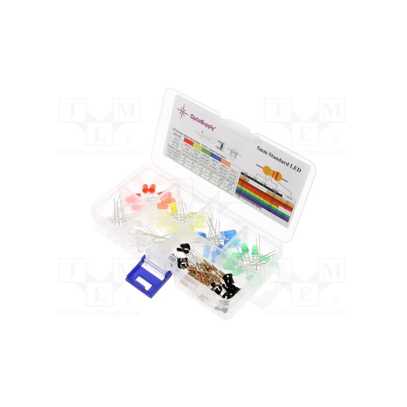 1 set x OPTOSUPPLY - OKLEDT50606A - Kit: LED, THT, 5mm, 130pcs, 1.8÷2.4/2.7÷3.4V, plastic box, 20mA, 30°