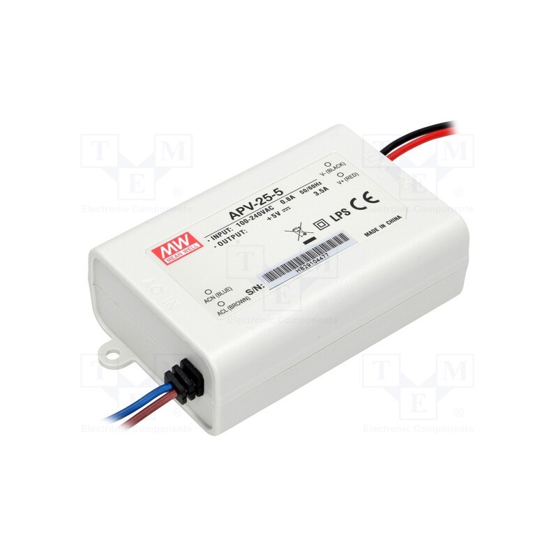 1 pcs x MEAN WELL - APV-25-5 - Power supply: switched-mode, LED, 18W, 5VDC, 3.5A, 90÷264VAC, IP42