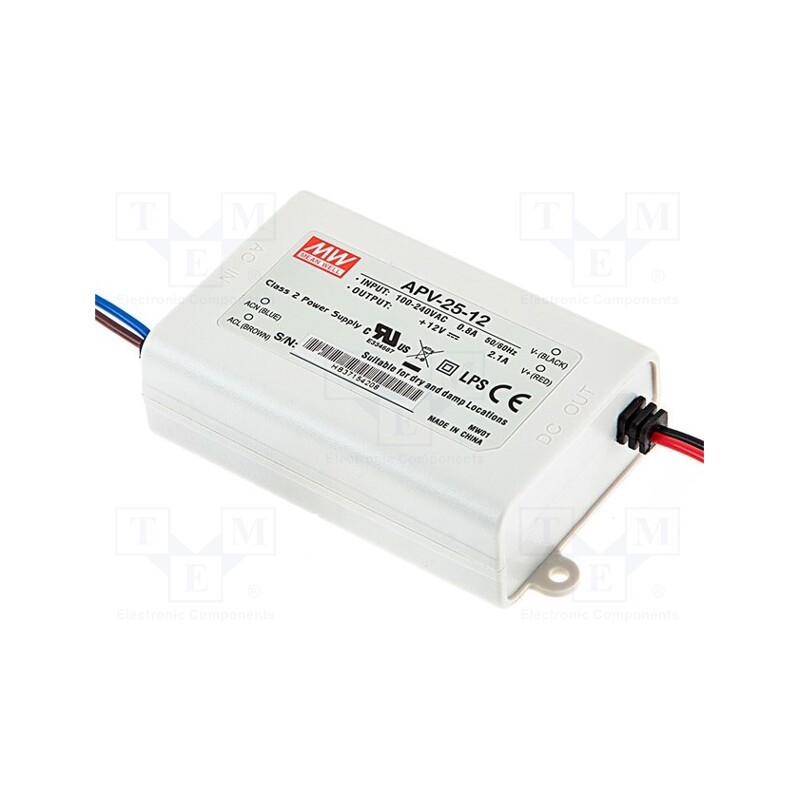 1 pcs x MEAN WELL - APV-25-12 - Power supply: switched-mode, LED, 25W, 12VDC, 2.1A, 90÷264VAC, IP42