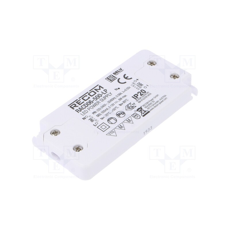 1 pcs x RECOM - RACD06-500-LP - Power supply: switched-mode, LED, 6W, 2÷12VDC, 500mA, 198÷264VAC