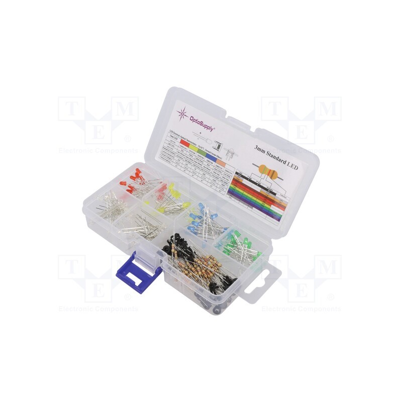 1 set x OPTOSUPPLY - OKLEDT31206A - Kit: LED, THT, 3mm, 280pcs, 1.8÷2.4/2.7÷3.4V, plastic box, 20mA, 30°