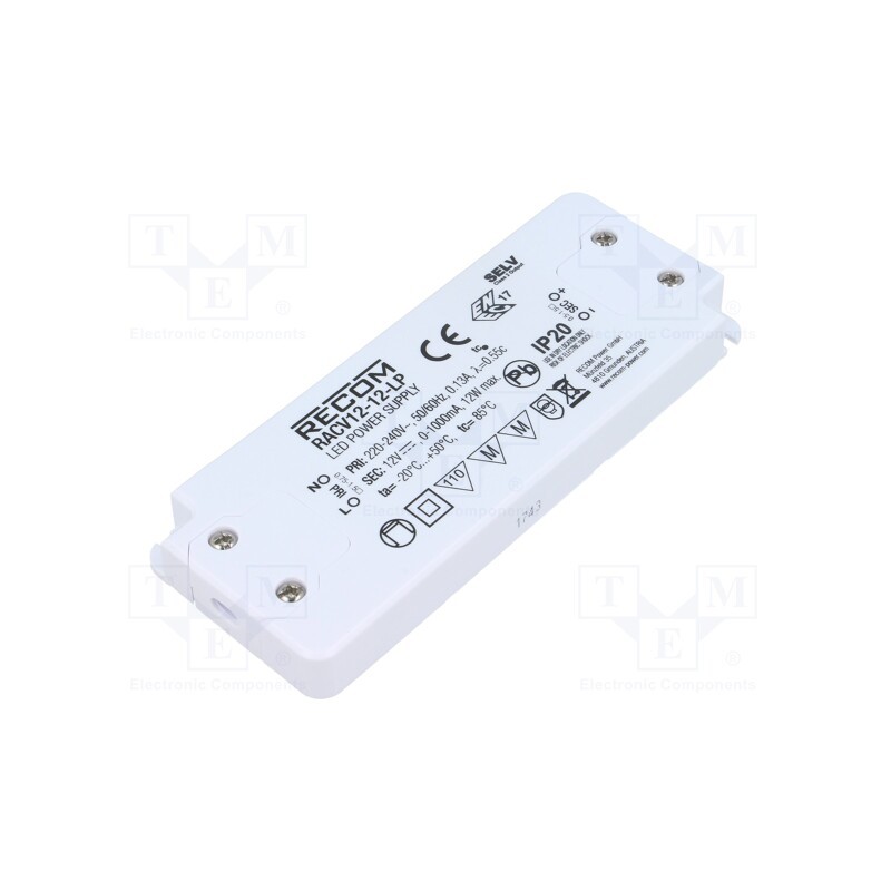 1 pcs x RECOM - RACV12-12-LP - Power supply: switched-mode, LED, 12W, 12VDC, 1000mA, 198÷264VAC