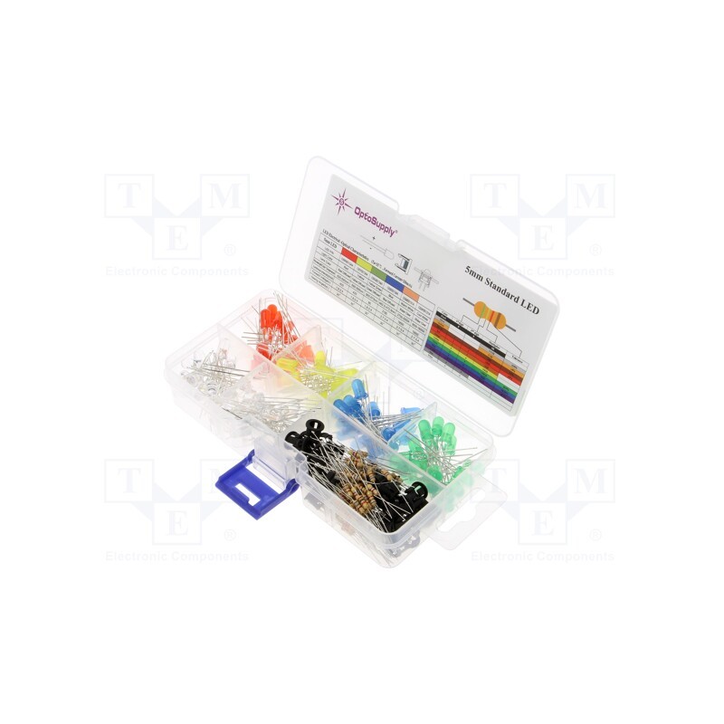 1 set x OPTOSUPPLY - OKLEDT51206A - Kit: LED, THT, 5mm, 280pcs, 1.8÷2.4/2.7÷3.4V, plastic box, 20mA, 30°