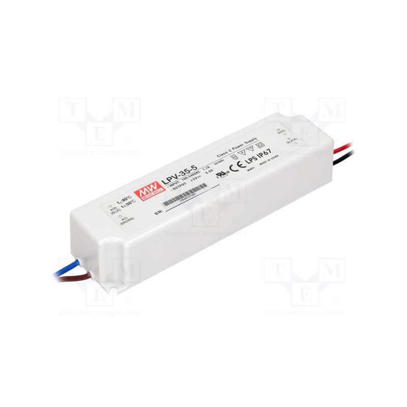 1 pcs x MEAN WELL - LPV-35-5 - Power supply: switched-mode, LED, 30W, 5VDC, 5A, 90÷264VAC, IP67