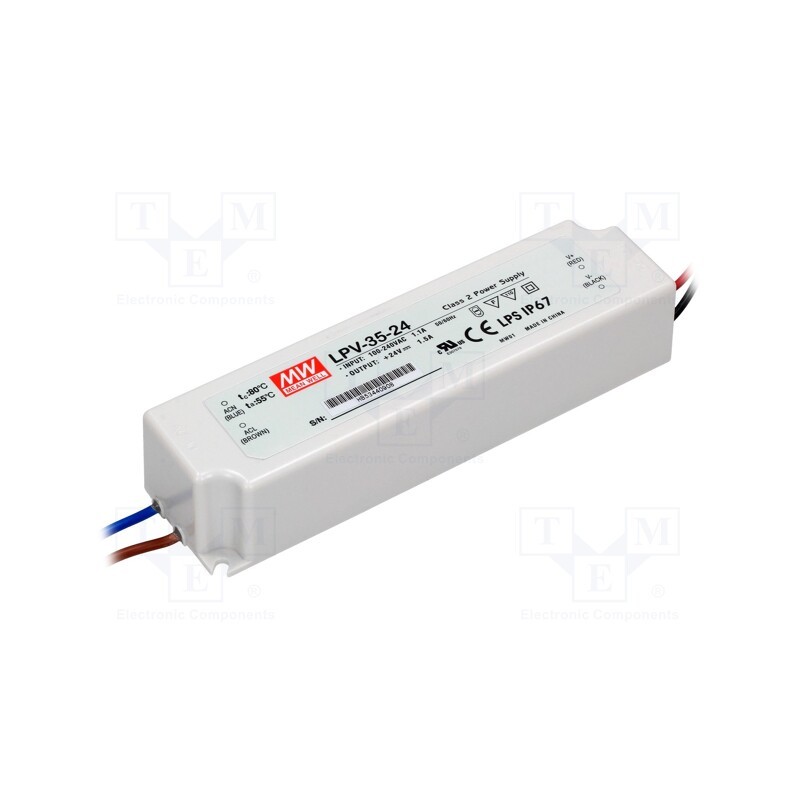 1 pcs x MEAN WELL - LPV-35-24 - Power supply: switched-mode, LED, 36W, 24VDC, 1.5A, 90÷264VAC, IP67