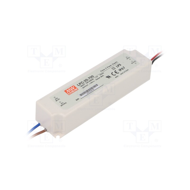 1 pcs x MEAN WELL - LPC-35-700 - Power supply: switched-mode, LED, 33.6W, 9÷48VDC, 700mA, 90÷264VAC