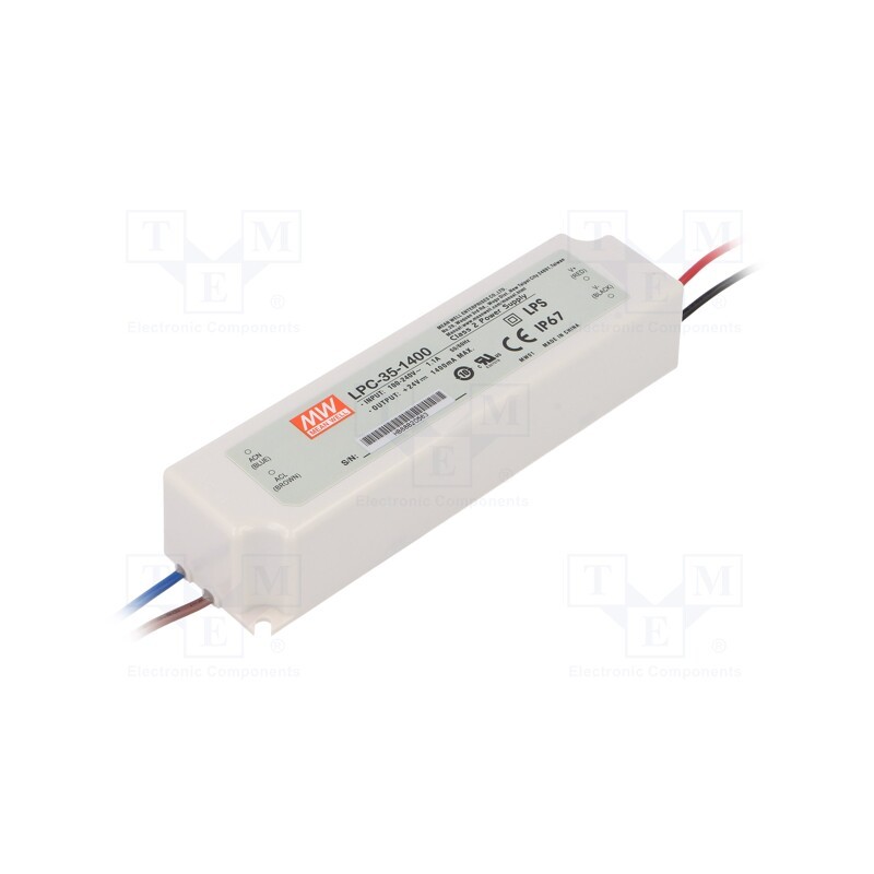 1 pcs x MEAN WELL - LPC-35-1400 - Power supply: switched-mode, LED, 33.6W, 9÷24VDC, 1400mA, IP67