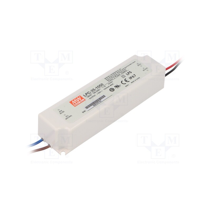 1 pcs x MEAN WELL - LPC-35-1050 - Power supply: switched-mode, LED, 31.5W, 9÷30VDC, 1050mA, IP67