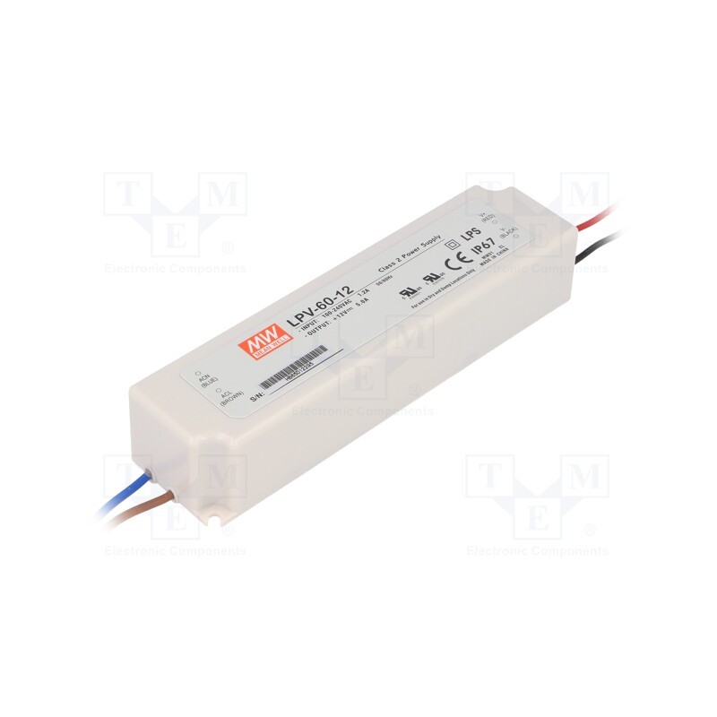 1 pcs x MEAN WELL - LPV-60-12 - Power supply: switched-mode, LED, 60W, 12VDC, 5A, 90÷264VAC, IP67
