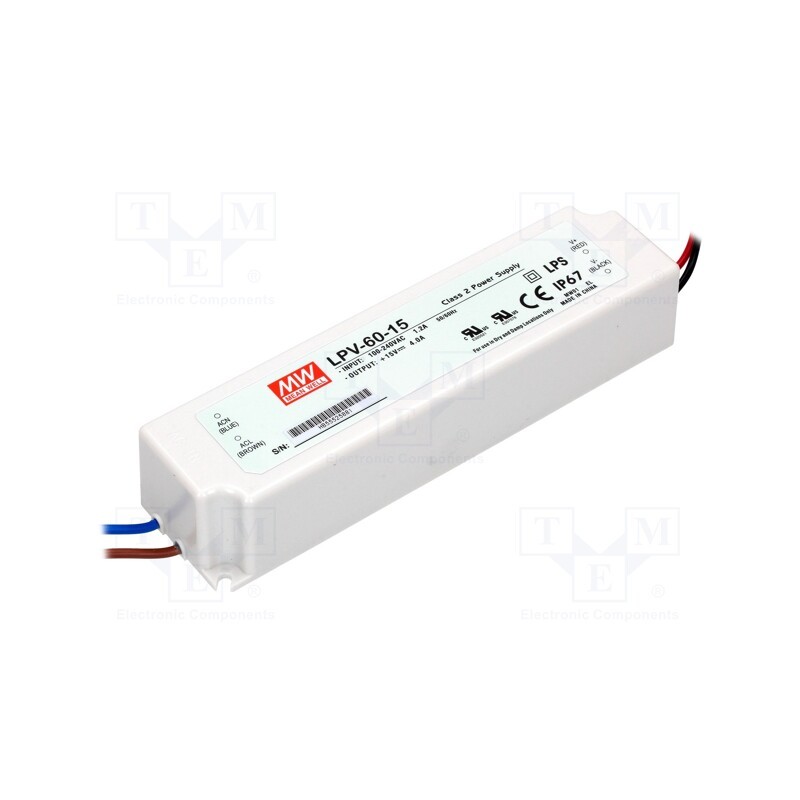 1 pcs x MEAN WELL - LPV-60-15 - Power supply: switched-mode, LED, 60W, 15VDC, 4A, 90÷264VAC, IP67