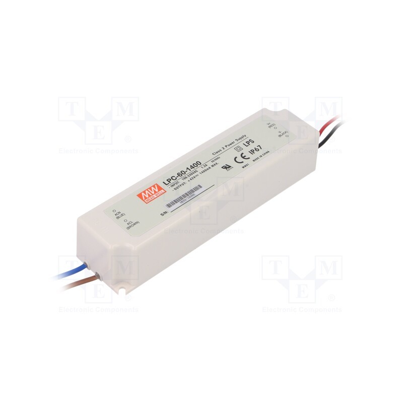 1 pcs x MEAN WELL - LPC-60-1400 - Power supply: switched-mode, LED, 58.8W, 9÷42VDC, 1400mA, IP67