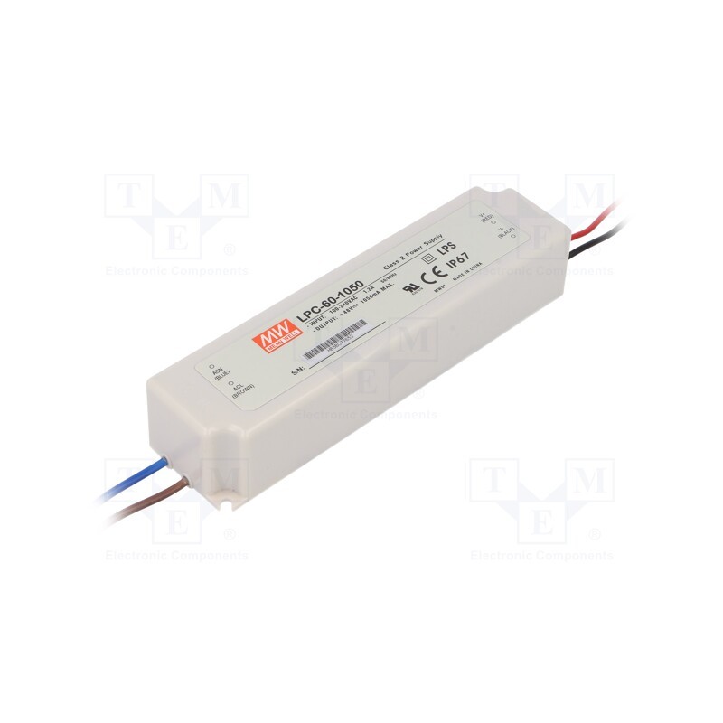 1 pcs x MEAN WELL - LPC-60-1050 - Power supply: switched-mode, LED, 50.4W, 9÷48VDC, 1050mA, IP67