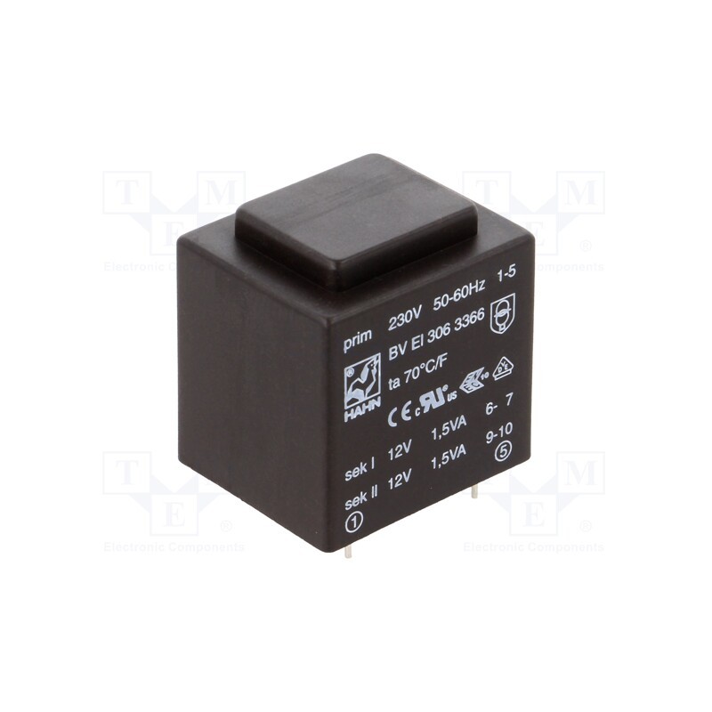 1 pcs x HAHN - BV EI 306 3366 - Transformer: encapsulated, 3VA, 230VAC, 12V, 12V, 125mA, 125mA, PCB